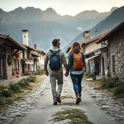 A delightful scene depicting an adult man and woman walking hand in hand along a rustic trekking route, flanked by charming stone-paved houses and local shops on each side