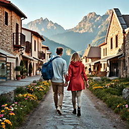 A delightful scene depicting an adult man and woman walking hand in hand along a rustic trekking route, flanked by charming stone-paved houses and local shops on each side