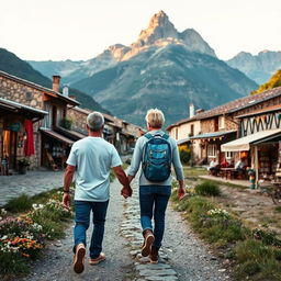 A delightful scene depicting an adult man and woman walking hand in hand along a rustic trekking route, flanked by charming stone-paved houses and local shops on each side