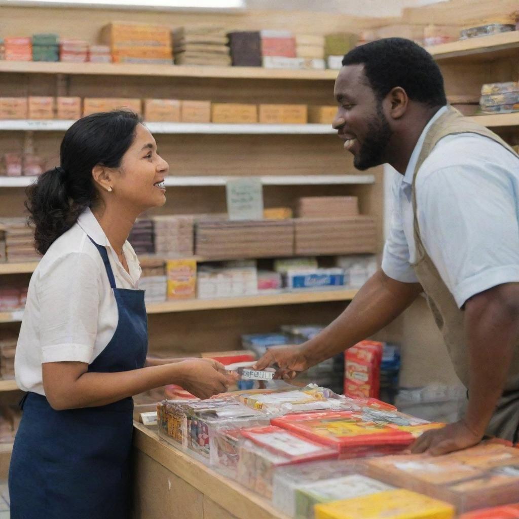 A woman vendor engaging in a conversation with a gentleman inside a store