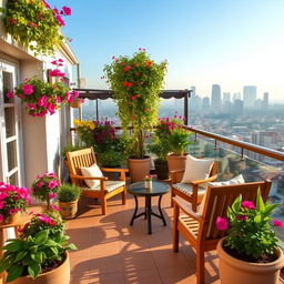 A beautifully designed terrace with vibrant flowers and plants in pots, featuring elegant wooden furniture for relaxation