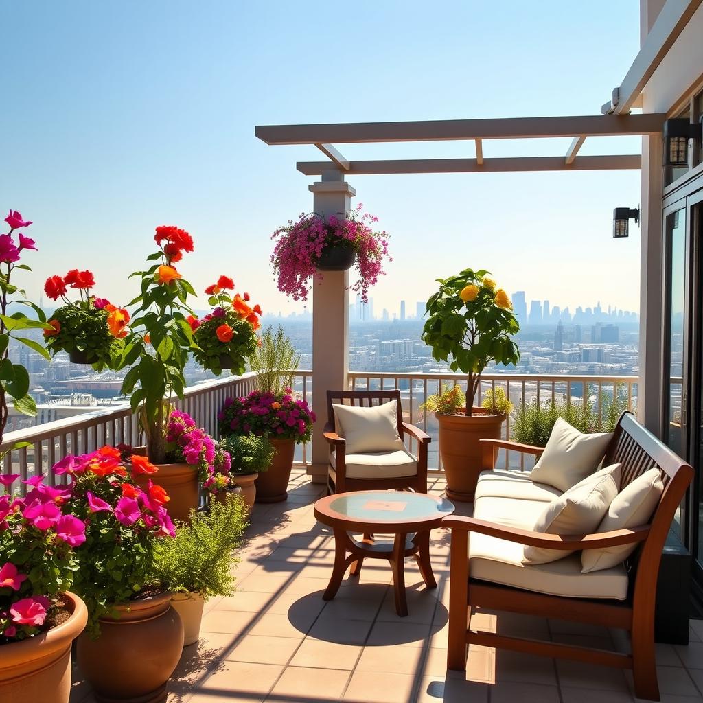 A beautifully designed terrace with vibrant flowers and plants in pots, featuring elegant wooden furniture for relaxation