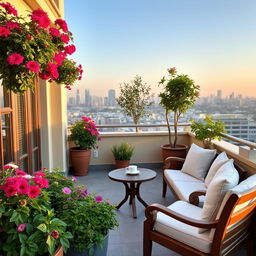 A beautifully designed terrace with vibrant flowers and plants in pots, featuring elegant wooden furniture for relaxation