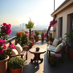 A beautifully designed terrace with vibrant flowers and plants in pots, featuring elegant wooden furniture for relaxation