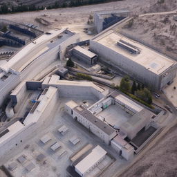 An aerial view of the entrance of a state-of-the-art maximum-security penitentiary, highlighting secured gates, surveillance systems, and fortified structures.