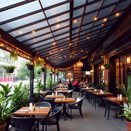 A cozy restaurant terrace, featuring a warm ambiance with a black metal roof, beautifully designed for dining