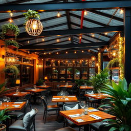 A cozy restaurant terrace, featuring a warm ambiance with a black metal roof, beautifully designed for dining