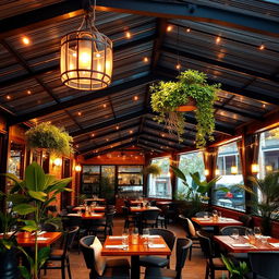 A cozy restaurant terrace, featuring a warm ambiance with a black metal roof, beautifully designed for dining