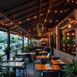 A cozy restaurant terrace, featuring a warm ambiance with a black metal roof, beautifully designed for dining