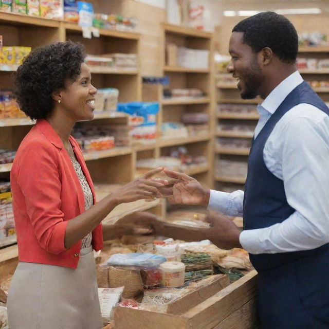 A woman vendor engaging in a conversation with a gentleman inside a store