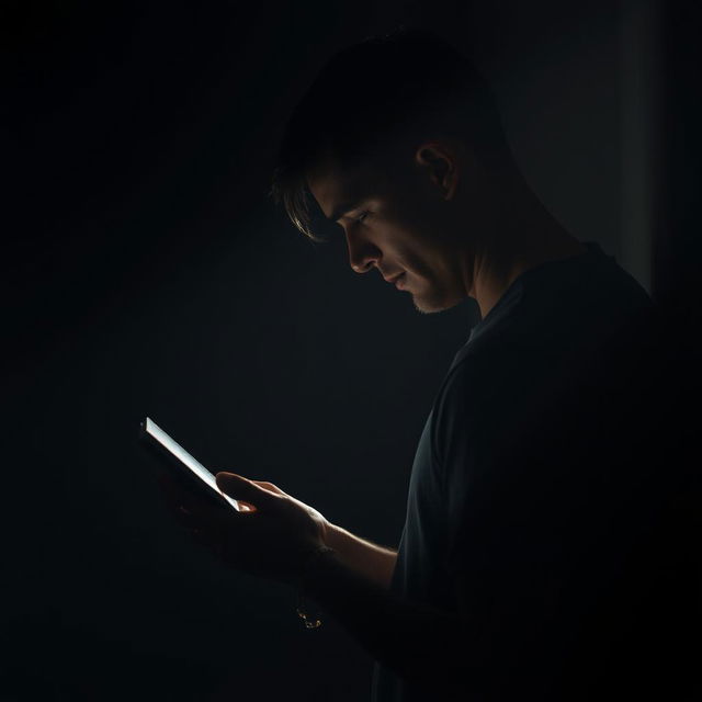 A heart-wrenching scene of a man standing alone in a dimly lit corner at night, tears streaming down his face as he gazes mournfully at a photo he holds in his hands