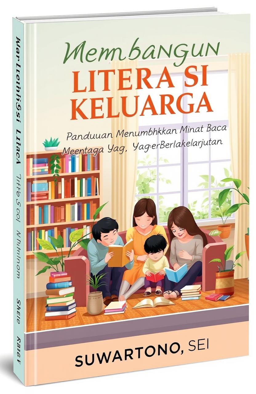 A beautifully designed book cover titled 'Membangun Literasi Keluarga: Panduan Menumbuhkan Minat Baca yang Berkelanjutan' by SUWARTONO, SEI