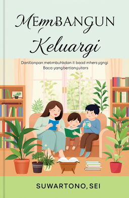 A beautifully designed book cover titled 'Membangun Literasi Keluarga: Panduan Menumbuhkan Minat Baca yang Berkelanjutan' by SUWARTONO, SEI