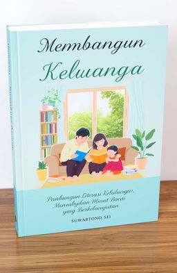 A beautifully designed book cover titled 'Membangun Literasi Keluarga: Panduan Menumbuhkan Minat Baca yang Berkelanjutan' by SUWARTONO, SEI