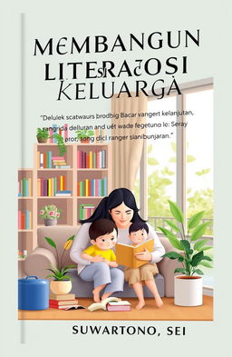 A beautifully designed book cover titled 'Membangun Literasi Keluarga: Panduan Menumbuhkan Minat Baca yang Berkelanjutan' by SUWARTONO, SEI