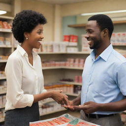 A woman vendor engaging in a conversation with a gentleman inside a store