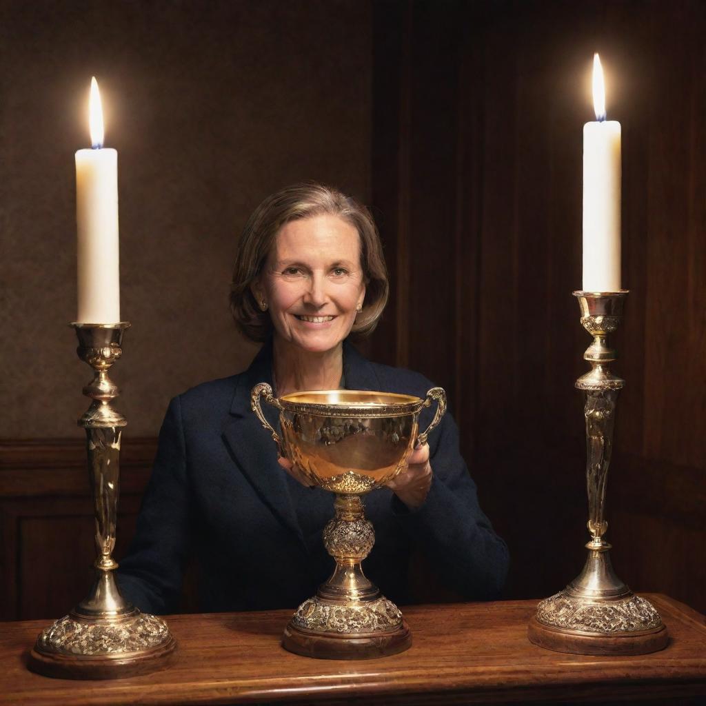 A proud woman placing a gleaming trophy, radiating under the spotlight, at a prominent position on an elegantly carved wooden mantel.