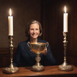 A proud woman placing a gleaming trophy, radiating under the spotlight, at a prominent position on an elegantly carved wooden mantel.