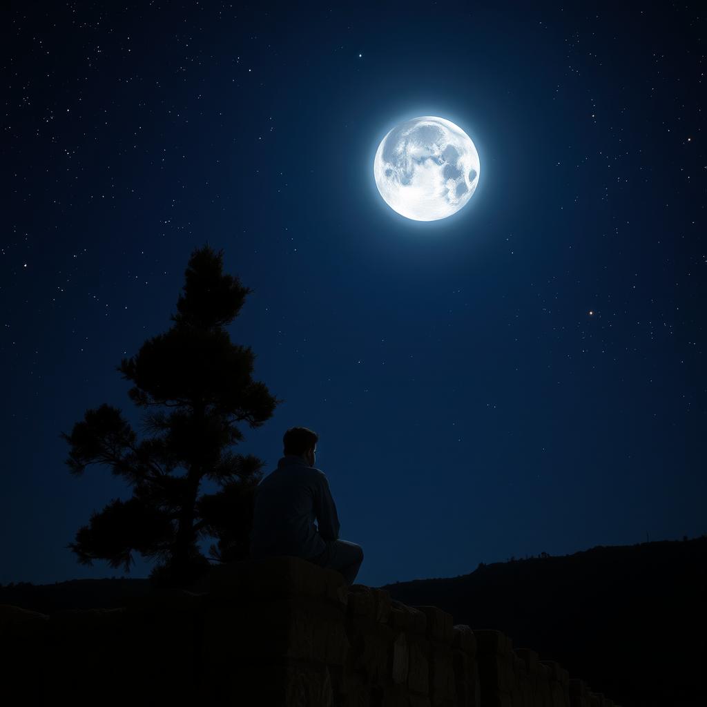 A serene nighttime scene featuring a man sitting on stone walls, gazing up at the shimmering stars and a brilliant full moon in the sky