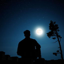 A serene nighttime scene featuring a man sitting on stone walls, gazing up at the shimmering stars and a brilliant full moon in the sky