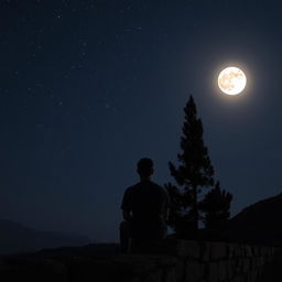 A serene nighttime scene featuring a man sitting on stone walls, gazing up at the shimmering stars and a brilliant full moon in the sky