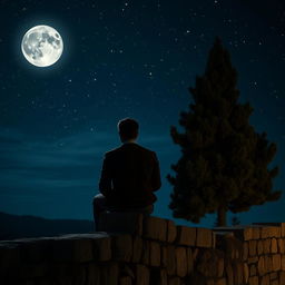 A serene nighttime scene featuring a man sitting on stone walls, gazing up at the shimmering stars and a brilliant full moon in the sky