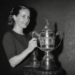 A proud woman placing a gleaming trophy, radiating under the spotlight, at a prominent position on an elegantly carved wooden mantel.