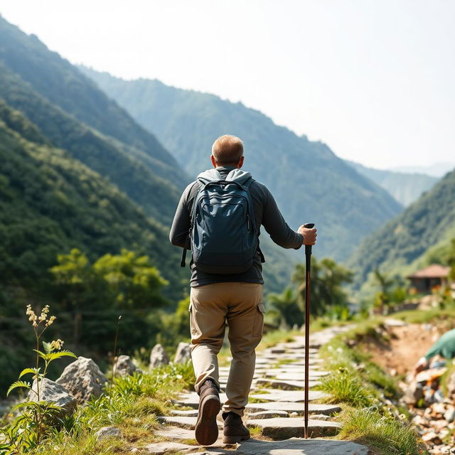 A man walking along a trekking route in a Nepali village, viewed from the back