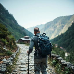 A man walking along a trekking route in a Nepali village, viewed from the back