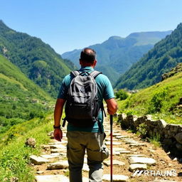 A man walking along a trekking route in a Nepali village, viewed from the back