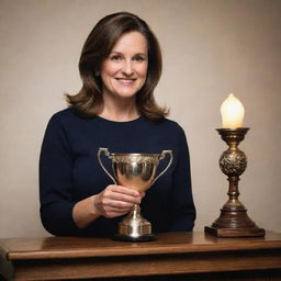 A proud woman placing a gleaming trophy, radiating under the spotlight, at a prominent position on an elegantly carved wooden mantel.