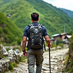 A man walking along a trekking route in a Nepali village, viewed from the back