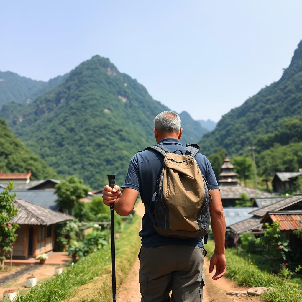 A man walking along a trekking route in a Nepali village, viewed from the back