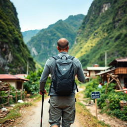 A man walking along a trekking route in a Nepali village, viewed from the back