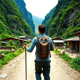 A man walking along a trekking route in a Nepali village, viewed from the back