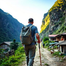 A man walking along a trekking route in a Nepali village, viewed from the back