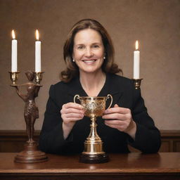 A proud woman placing a gleaming trophy, radiating under the spotlight, at a prominent position on an elegantly carved wooden mantel.