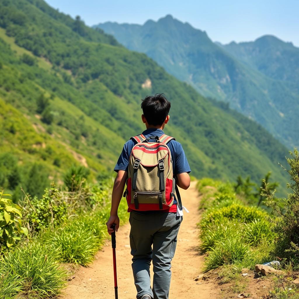 An Indian boy walking along a trekking route in a Nepali village, viewed from behind