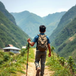 An Indian boy walking along a trekking route in a Nepali village, viewed from behind