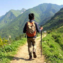 An Indian boy walking along a trekking route in a Nepali village, viewed from behind