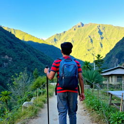 An Indian boy walking along a trekking route in a Nepali village, viewed from behind