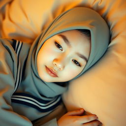 A beautiful Indonesian girl with a delicate appearance, wearing a hijab and a high school uniform, laying on a cozy bed