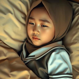 A beautiful Indonesian girl with a delicate appearance, wearing a hijab and a high school uniform, laying on a cozy bed