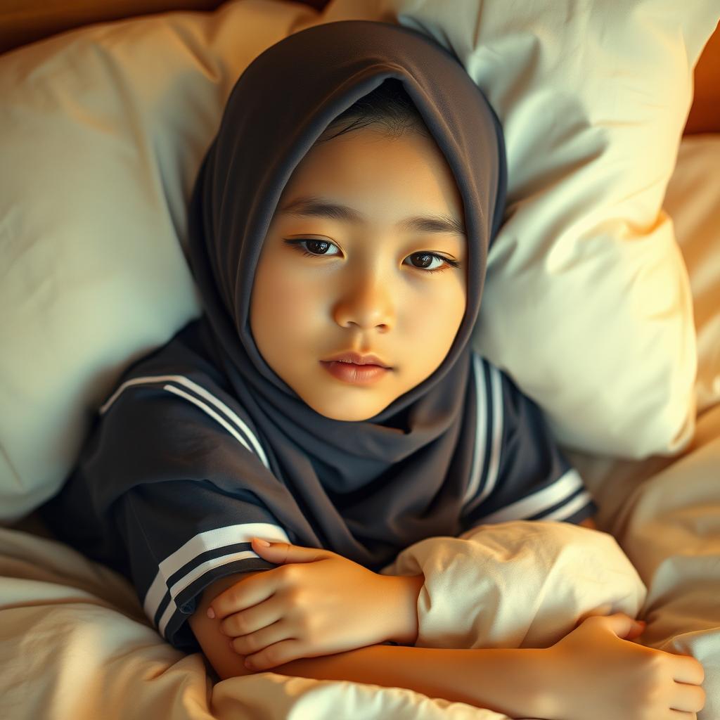 A beautiful Indonesian girl with a delicate appearance, wearing a hijab and a high school uniform, laying on a cozy bed