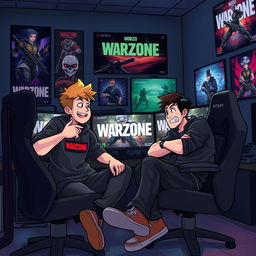 Kesto alphaSniper and illojuan sitting together in a modern gaming room, surrounded by multiple monitors displaying the video game Warzone