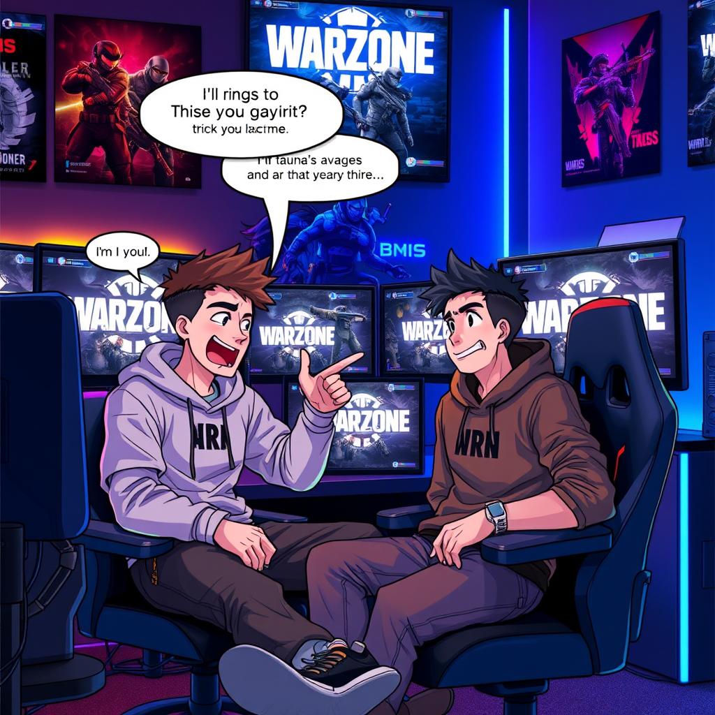 Kesto alphaSniper and illojuan sitting together in a modern gaming room, surrounded by multiple monitors displaying the video game Warzone