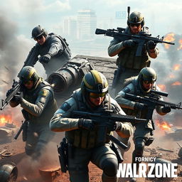 A highly detailed digital artwork showcasing various military classes from a modern warzone video game