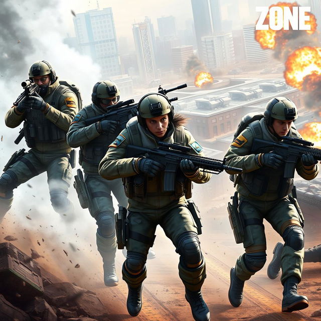 A highly detailed digital artwork showcasing various military classes from a modern warzone video game