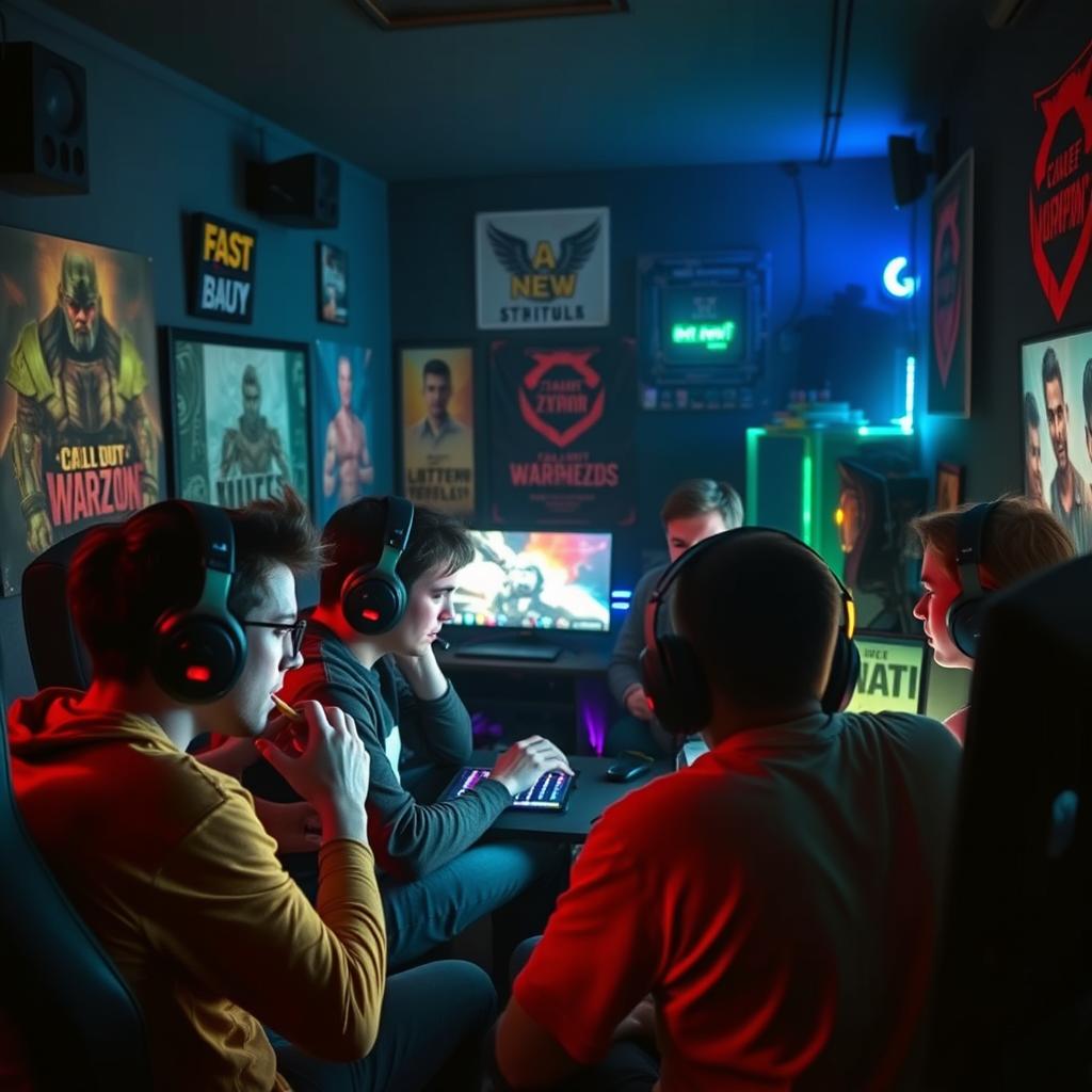 A group of Call of Duty Warzone tryhards gathered in a dimly-lit gaming room, intensely focused on their screens