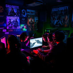 A group of Call of Duty Warzone tryhards gathered in a dimly-lit gaming room, intensely focused on their screens